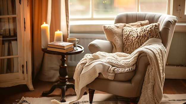 Uma poltrona aconchegante com um cobertor macio e uma chávena de chá numa mesa ao lado, o lugar perfeito para relaxar e descontrair depois de um longo dia.