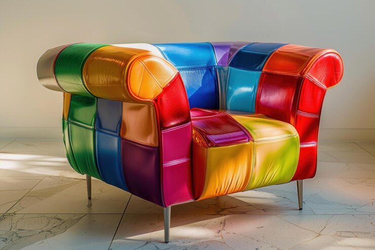 Foto uma poltrona colorida de patchwork de pé no chão de telhas