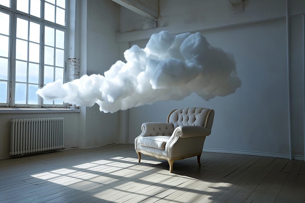 Uma poltrona com nuvens uma nuvem fofa em torno de uma poltrona macia em uma sala vazia um lugar pacífico para pensar sonhar saúde mental um lugar tranquilo para relaxar a solidão o vazio e a tristeza