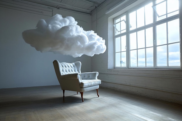 Uma poltrona com nuvens uma nuvem fofa em torno de uma poltrona macia em uma sala vazia um lugar pacífico para pensar sonhar saúde mental um lugar tranquilo para relaxar a solidão o vazio e a tristeza