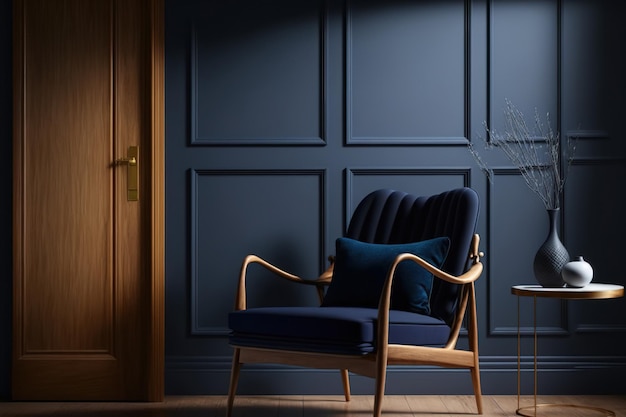 Uma poltrona está em uma elegante sala de estar de madeira moderna com fundo de uma parede azul escura vazia