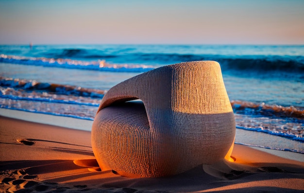 Uma poltrona fica em uma praia de areia contra o fundo do oceano durante o pôr do sol Generative AI