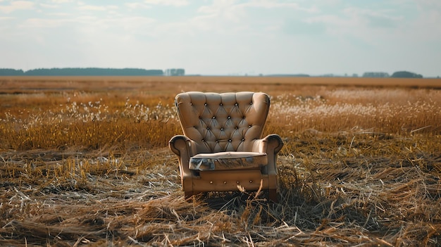 Foto uma poltrona solitária está em um vasto campo de trigo a cadeira é velha e desgastada e o trigo é alto e dourado
