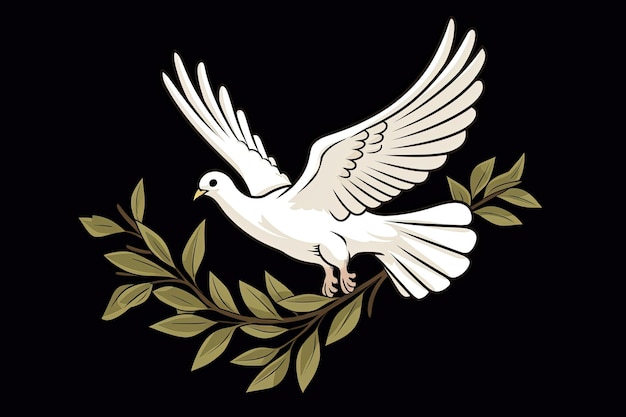 uma pomba branca com asas abertas e um galho com folhas