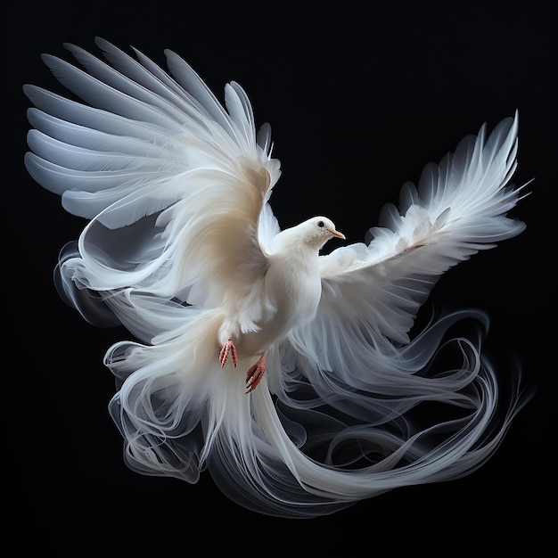 Uma pomba branca com longas penas flutuantes abriu as asas sobre um fundo preto