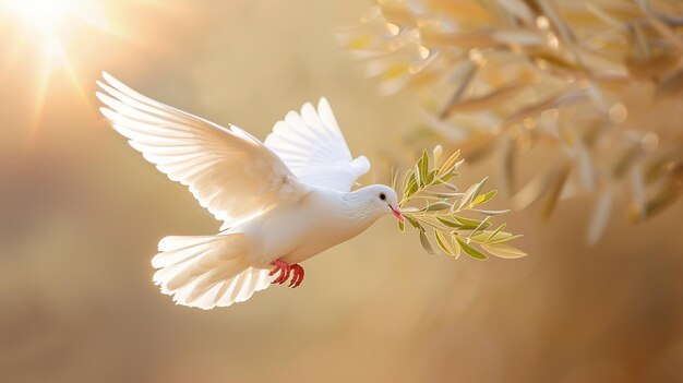 Uma pomba branca subindo em direção a um céu radiante um galho de oliveira em seu bico