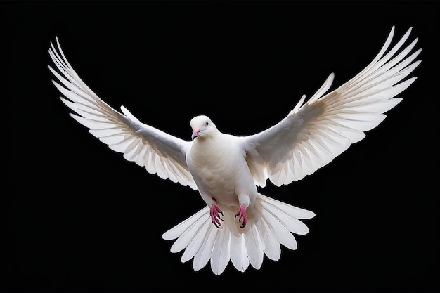 Uma pomba branca voando livre isolada em um fundo preto