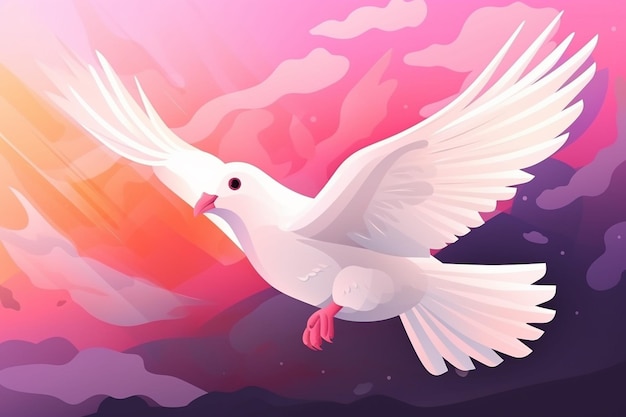 Uma pomba branca voando no céu com a palavra paz.