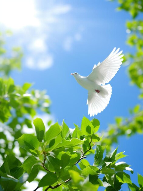 uma pomba branca voando pelo ar com um céu azul atrás dela