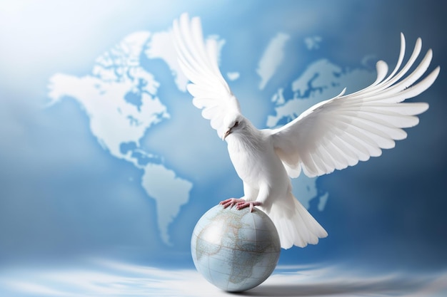 Foto uma pomba com asas estendidas perto do globo uma pomba é um símbolo de paz dia internacional da paz geração ai