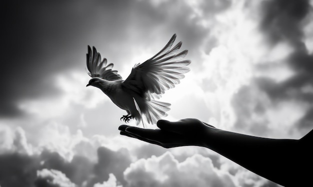 Uma pomba está sendo segurada em uma mão com o céu ao fundo.