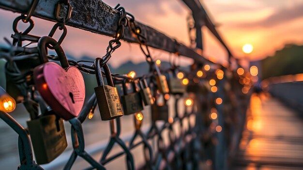 Uma ponte adornada com fechaduras em forma de coração contra um pôr-do-sol Conceito de amor e valentins