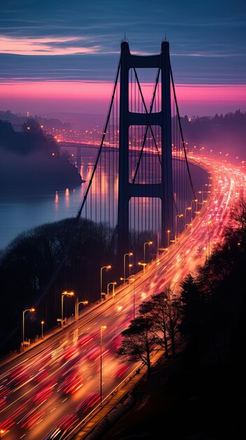 uma ponte com as luzes acesas à noite