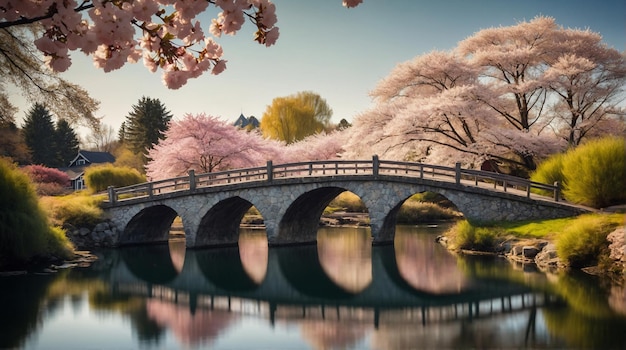 uma ponte com flores de cereja no fundo
