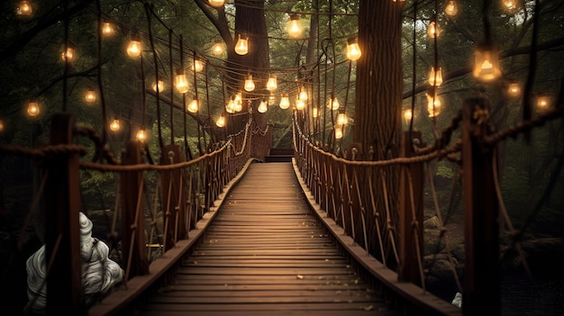 Uma ponte com luzes penduradas e uma árvore com uma ponte de corda ao fundo.