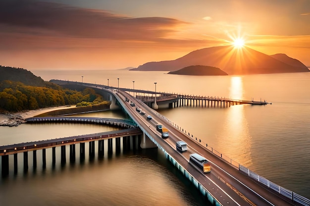 Uma ponte com um pôr do sol ao fundo