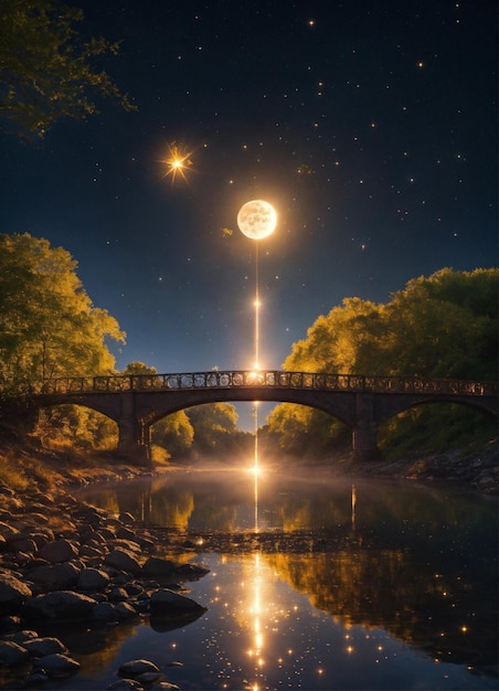 uma ponte com uma lua cheia e uma ponte sobre ela