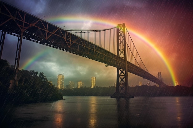 Uma ponte de arco-íris na chuva