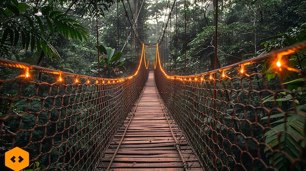 uma ponte de corda com luzes penduradas sobre ela e uma Ponte de Corda no fundo