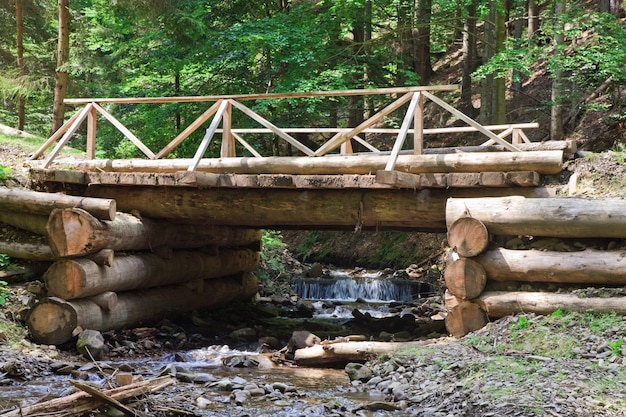 Uma ponte de madeira através de um riacho na floresta