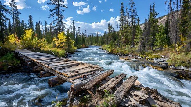 Uma ponte de madeira atravessa um rio numa floresta a água é branca e espumosa e as árvores são verdes e exuberantes