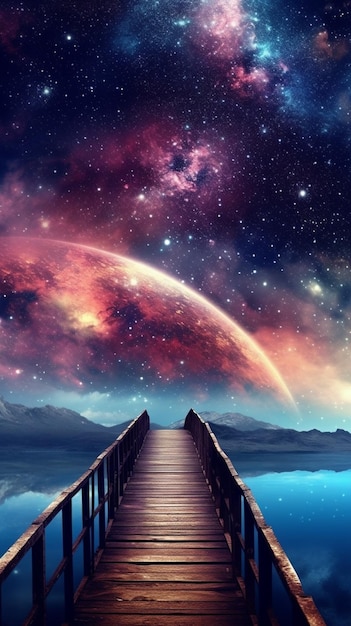Foto uma ponte de madeira que leva a um céu de galáxias coloridas