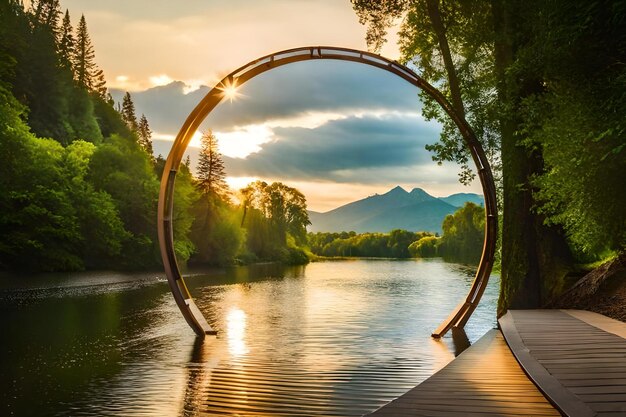 Foto uma ponte de madeira sobre um lago ao pôr-do-sol