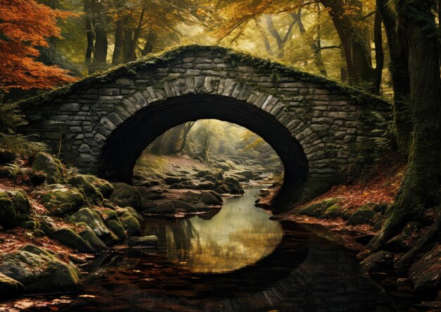 Uma ponte de pedra no meio de uma floresta em transição para o outono