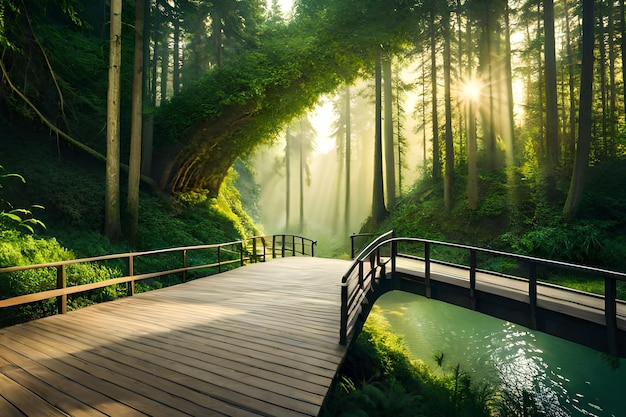 Uma ponte em uma floresta com um rio ao fundo