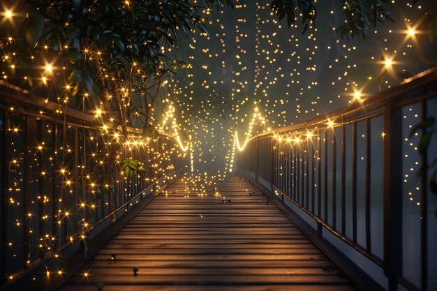 Uma ponte iluminada por uma cascata de luzes de fada