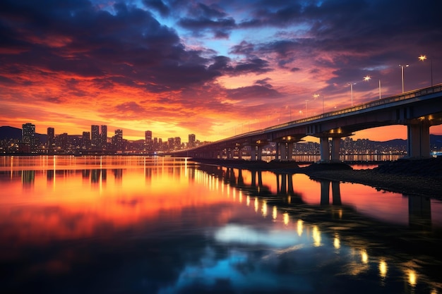 Uma ponte serena que atravessa um corpo de água tranquilo unindo perfeitamente duas paisagens pitorescas Pôr do sol crepuscular no rio Han Seul Coreia Gerado por IA