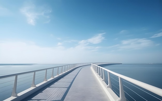 Uma ponte sobre o oceano com um céu azul e nuvens