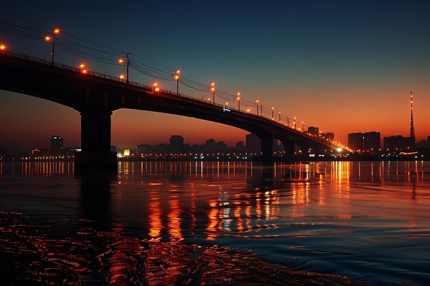 Foto uma ponte sobre um corpo de água com as luzes acesas