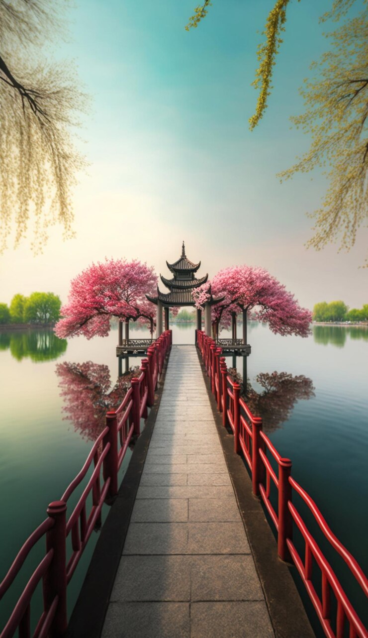Foto uma ponte sobre um lago com flores cor de rosa