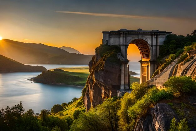 Uma ponte sobre um lago com o sol se pondo atrás dela.