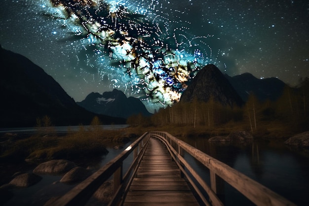 Uma ponte sobre um lago com um céu estrelado e um céu noturno estrelado com um céu estrelado generative ai