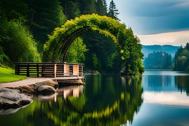 Uma ponte sobre um lago com uma ponte ao fundo.