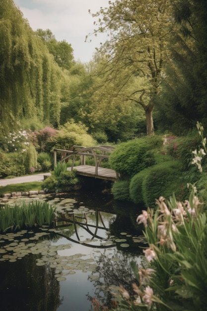 Uma ponte sobre um pequeno lago em um parque Imagem generativa de IA