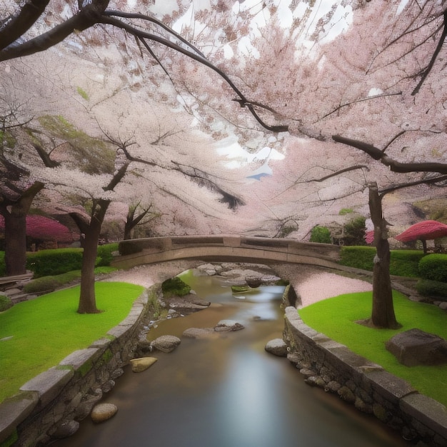 Uma ponte sobre um riacho com flores cor de rosa