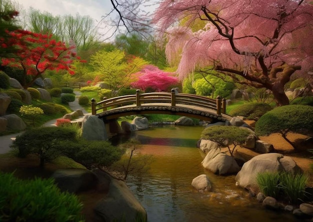 Uma ponte sobre um riacho com flores cor de rosa