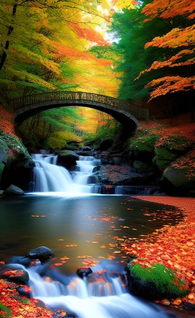 Uma ponte sobre um riacho com uma cachoeira ao fundo