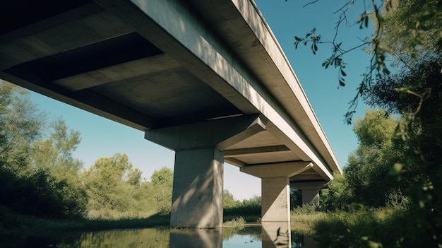 Uma ponte sobre um rio com árvores ao fundo.