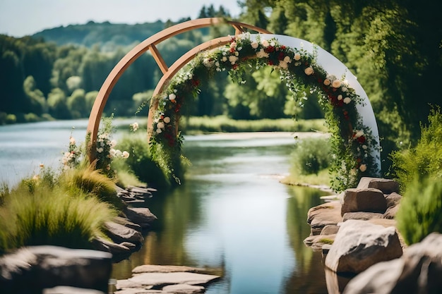 Foto uma ponte sobre um rio com flores nela.