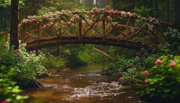 Uma ponte sobre um rio com muitas flores