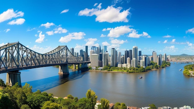 uma ponte sobre um rio com um céu azul e nuvens