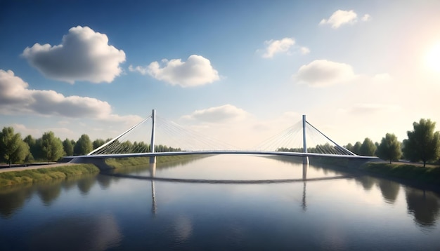 uma ponte sobre um rio com um reflexo de nuvens e céu