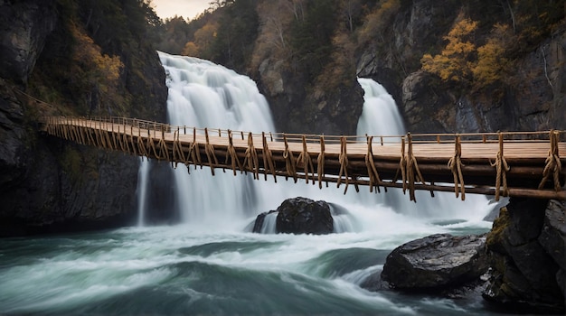 uma ponte sobre um rio com uma cachoeira ao fundo