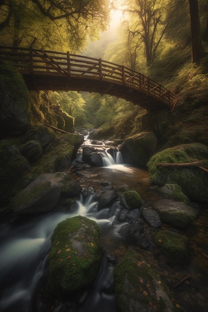 Uma ponte sobre um rio na floresta