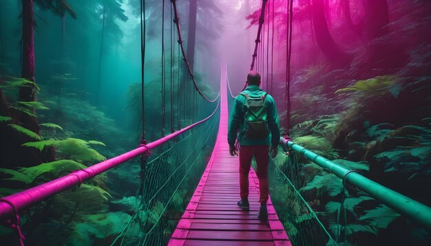 Foto uma ponte suspensa em uma trilha de caminhada através de uma floresta densa verde com um homem atravessando a ponte pendurada