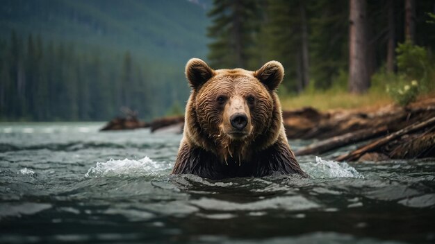 Foto uma porca de urso castanho do alasca e dois filhotes de um ano caminhando no rio brooks, no parque nacional katmai